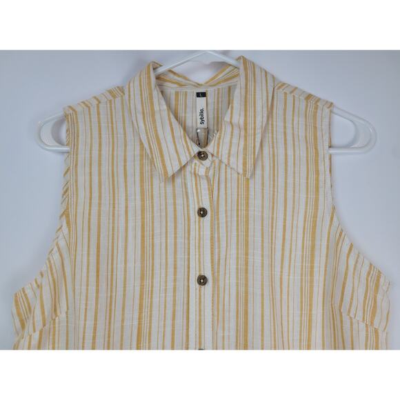 Sybilla Women's Yellow Cream Striped Tie in Front Sleeveless Blouse Sz L - Picture 2 of 9